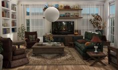 a living room filled with furniture and a flat screen tv mounted on a wall above a fire place