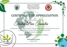 certificate of appreciation with green plant and globe on white background, for environmental education project