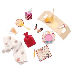 a doll's play kitchen and accessories are shown in this image on a white background