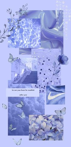 a collage of blue and white images with butterflies, flowers, and clouds in the background