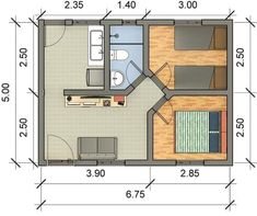 the floor plan for a small apartment with two beds and one living room in it