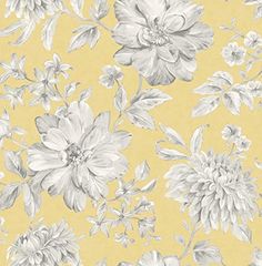 a yellow floral wallpaper with white flowers