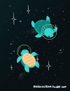 two sea turtles floating in the air with stars around them on a dark night sky