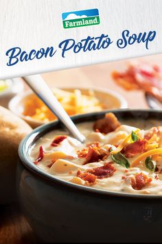 a bowl of bacon potato soup with a spoon in it