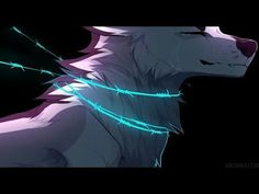 a drawing of a wolf with barbed wire around it's neck and eyes, on a black background