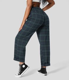 Women’s Mid Rise Button Zipper Side Pocket Plaid Straight Leg Casual Pants - HALARA Dark Academia Pants, Plaid Pants Outfit, Plus Size Office, Plaid Pants Women, Fall Plaid, Outfit Inspiration Fall, Bleach Wash, Plaid Pants, Red And Black Plaid