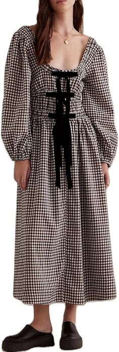 Womens Long Sleeve Brown Gingham Dress with Bow Tie Front Milkmaid Fall Dresses Cottagecore Plaid Square Neck Boho Maxi Dress at Amazon Women’s Clothing store Dresses Cottagecore, Dress With Bow Tie, Brown Gingham, Boho Maxi, Gingham Dress, Boho Maxi Dress, Amazon Women, Dress With Bow