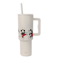 the mickey mouse travel mug has a straw in it's mouth and is white