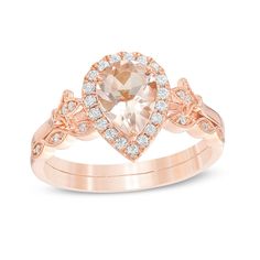 Pear-Shaped Morganite and 1/5 CT. T.W. Diamond Frame Fleur-de-Lis Vintage-Style Bridal Set in 10K Rose Gold Pear Shaped Wedding Rings, Engagement Rings Romantic, Indian Wedding Jewelry Sets, Diamond Frame, Bridesmaid Jewelry Sets, Diamond Bridal Sets, Pink Morganite, Indian Wedding Jewelry, Ring Ideas