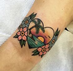 Old School Hawaii Tattoo, Summer Theme Tattoo, Sunrise Tattoo Color, Islander Tattoos, Zee Tattoo, Tattoo Fire, Tropical Tattoo, Hawaii Tattoos, Colorful Tattoo