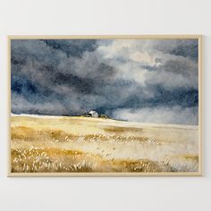 a watercolor painting of a field with a house in the distance under a cloudy sky