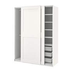 a white cabinet with two doors and drawers on the bottom shelf is open to reveal an empty drawer