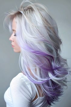 Light Purple Streaks In Blonde Hair, Purple Hair For Blondes, White Hair With Purple Highlights, Blonde Hair With Coloured Highlights, Blonde To White Hair, Blonde Hair With Lavender Highlights, Copper Highlights On Black Hair, White And Purple Hair, Silver And Purple Hair