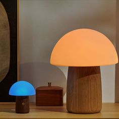 an illuminated mushroom lamp sitting on top of a wooden table next to a small box