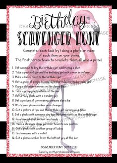 BW striped flamingo birthday scavenger hunt game with fun questions for a bar photo hunt. 21st Birthday Scavenger Hunt, Party Bus Games, Birthday Party Bar, Birthday Scavenger Hunt, Bachelorette Scavenger Hunt, Adult Scavenger Hunt, Birthday Games For Adults, Scavenger Hunt Birthday, Scavenger Hunt Games