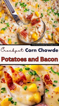 corn chow chow with potatoes and bacon in a skillet next to a serving spoon