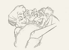 an old drawing of three people hugging each other with their faces drawn in pencil on paper