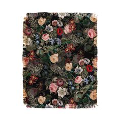 a square piece of art with flowers and fringes on the edges, all in different colors