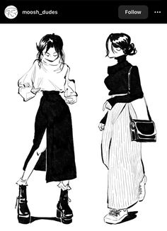 two women standing next to each other with their hands in their pockets and one holding a purse