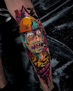 a man with a hat and glasses on his leg is wearing a colorful tattoo design