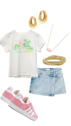 Created by jbsb0425 on shuffles  #fitinspo #inspo #outfit #aestetic #pink #jeanskirt #summer #beachy #spring #school #backtoschool #pintrest #jewlery #adidas #beach #vacation #fall Spring School, Casual Preppy Outfits, Outfit Inspo Casual, Trendy Outfits For Teens, Weekly Outfits, Inspo Outfit, Easy Trendy Outfits, Preppy Outfit