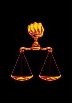 a golden scale with a fist on it's head and two hands holding the scales