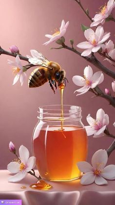 a honey jar filled with liquid sitting on top of a table next to white flowers