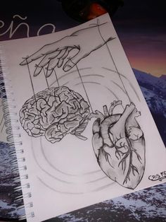 a drawing of the human heart and brain being held together by two hands, with mountains in the background