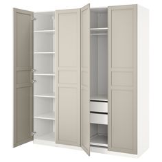 an open closet with two doors and shelves on each side, in front of a white background