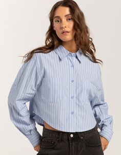 Rsq Stripe Crop Long Sleeve Button Up Shirt. Crafted From Lightweight And Breathable Fabric, This Shirt Features Timeless Stripes That Add A Touch Of Sophistication To Any Outfit. Button Front. Collared Neckline. Chest Pockets. Button Cuffed Long Sleeves. Cropped Fit. Rounded Hem. 100% Cotton. Machine Wash. Imported. Model Is Wearing A Size Small. Model Measurements:height: 5'8" Bust: 34"waist: 25"hips: 37.5" Summer Long Sleeve Cropped Shirt With Button Closure, Trendy Long-sleeved Cropped Shirt With Button Closure, Trendy Long Sleeve Cropped Shirt With Button Closure, Trendy Collared Shirt With Back Button Closure, Trendy Blue Button-up Cropped Shirt, Trendy Shirt With Shirttail Hem And Buttons, Crop Blouse Outfit, Long Sleeve Button Up Shirt Outfit, Outfits With Striped Shirts