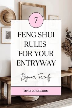 a living room with white walls and pink accents, the text reads 7 feng shu rules for