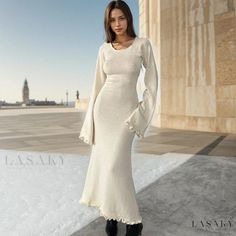 Lasaky - Solid Color Backless Knitted Maxi Dress Long Knitted Dress, Flare Sleeve Dress, Flare Long Sleeve, Trumpet Sleeve, Long Bodycon Dress, Long White Dress, Skirt Maxi, Knitted Bodycon Dress, Body Con Dress