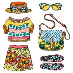 a set of women's clothing and accessories including shoes, sunglasses, handbag and purse