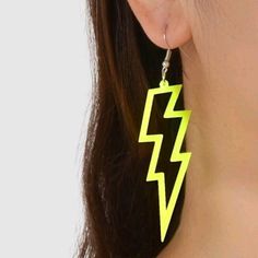 Pair Of Neon Yellow Lightning Built Earrings Eardrop Height: 3.5 Inches (9 Cm) Width: 1 Inch (2.5 Cm) Neon Green Lightning, Neon Lightning Bolt, Green Lightning, Yellow Lightning, Bolt Earrings, Lightning Bolt Earrings, Lightning Bolt, Earrings Color, Neon Yellow