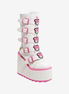 Sweet and stylish! Add some Sanrio flair to every step with these platform boots! They feature a lavender upper with My Melody appliqués on the straps. Comes with back zipper closure and pink buckle hardware. Listed in women's sizes.Platform: 3"Heel: 6"Polyurethane upper & soleImported Cheap Platform Boots, My Melody Shoes, Pink Platform Boots, Hot Topic Shoes, Disposable Income, Pink Fishnets, Yru Shoes, Kitty Clothes, Hello Kitty Clothes