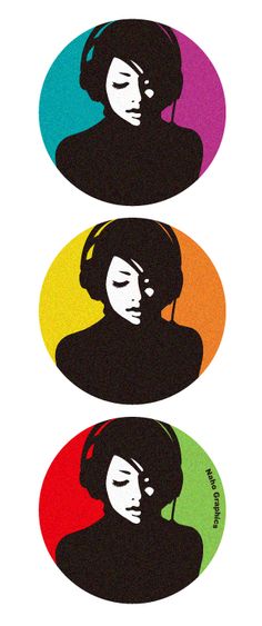 three different colored stickers with the same woman's face and headphones on