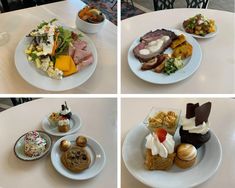 four different plates with food on them sitting on top of a white table in a restaurant