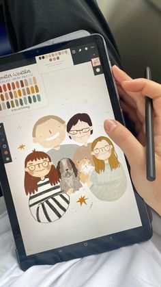 a person is holding an ipad with people drawn on it and a pen in their hand