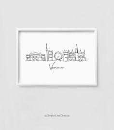 a black and white drawing of the skyline of vienna, germany in ink on paper