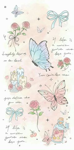 a drawing of butterflies and flowers on a pink background with the words, i love you