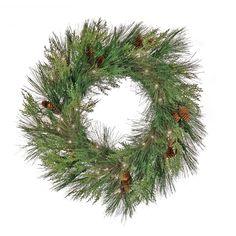 a christmas wreath with pine cones and lights