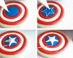 the captain's shield is decorated with fondant and sprinkled with white stars