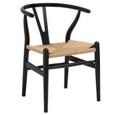 the wish chair is made from black wood and has a woven seat pad on it