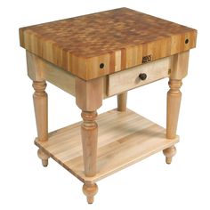 a butcher block table with two drawers on one side and an open drawer on the other