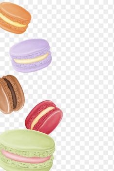 four macarons are flying in the air on a transparent background, hd png