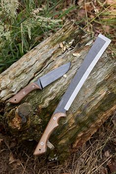 a knife sitting on top of a piece of wood next to a tree stump in the woods