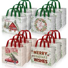 four bags with christmas designs on them and the words merry wishes written in red ink