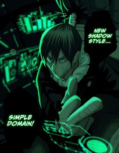 an anime character with green neon lights on his face and hands in front of him