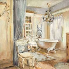 a painting of a bathtub and chair in a room