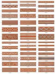 an orange and white poster with different types of patterns on it's sides, including lines